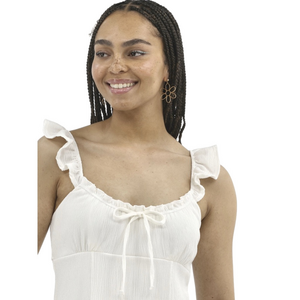 THE GENERAL GOOD Women’s White Ruffle Shoulder, Side ruching Ribbed Top